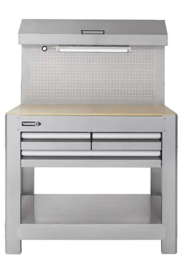 45 Inch Heavy Duty Workbench with Pegboard - Solid Oak Top, LED Light and Storage Drawers