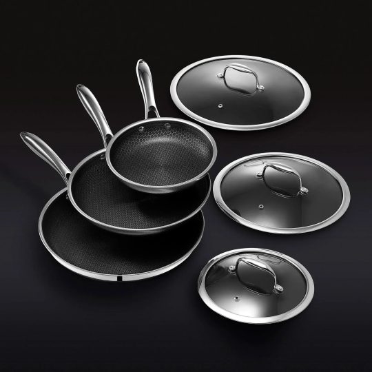 6-Piece Hybrid Stainless Steel Pan Set with Glass Lids, 8-Inch, 10-Inch and 12-Inch, Black