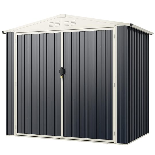7x4 FT Metal Outdoor Storage Shed - Galvanized Steel Garden Tool Shed with Lockable Doors