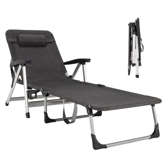Folding Outdoor Chaise Lounge Chair with Cup Holder and Detachable Headrest