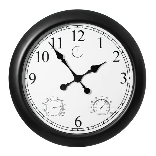 Large Outdoor Wall Clock with Thermometer, Waterproof Silent Garden Weather Station, Black
