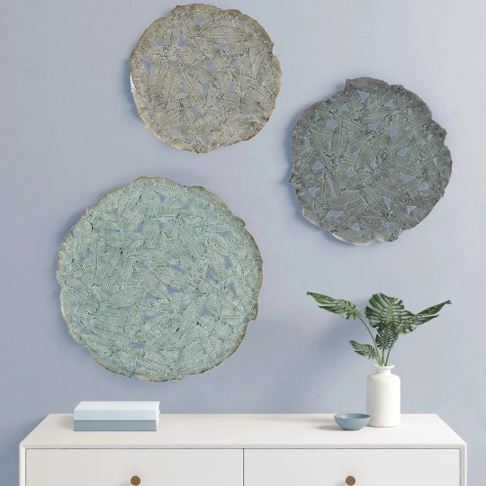 Textured Feather 3-Piece Metal Disc Wall Decor Set, Decorative Wall Art for Home