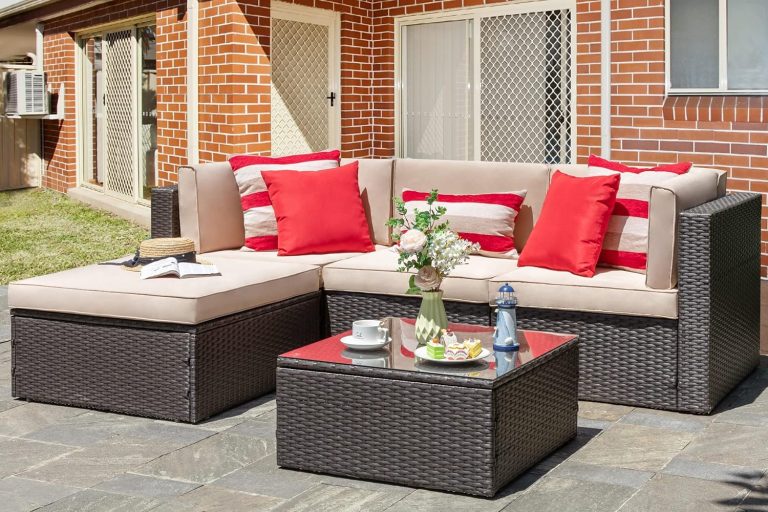 5-Piece All-Weather Patio Furniture Set with Ottoman, Outdoor Wicker Conversation Sofa Set with Cushions for Garden, Deck & Backyard