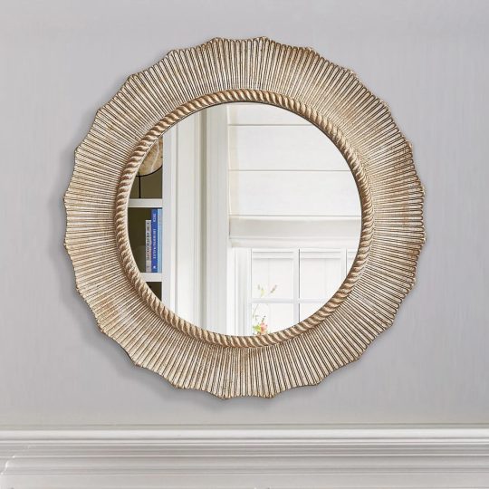 30 Inch Bohemian Beige Round Wood Bathroom Vanity Wall Mirror