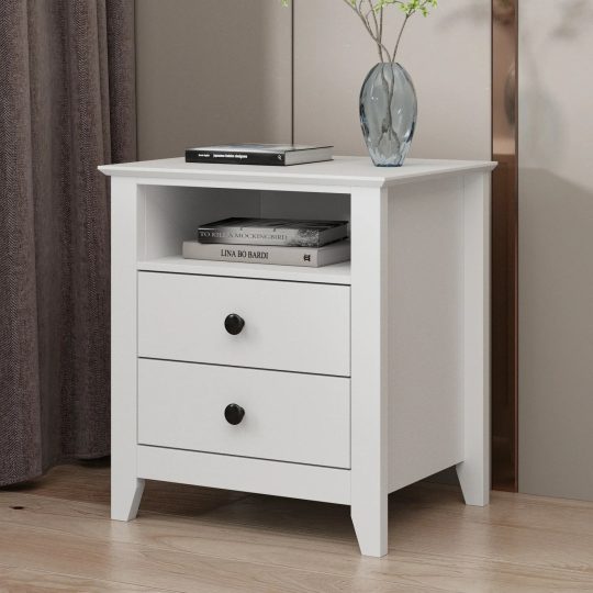 21.7 Inch Tall White Nightstand, 2 Drawers and 1 Open Shelf Bedside End Table