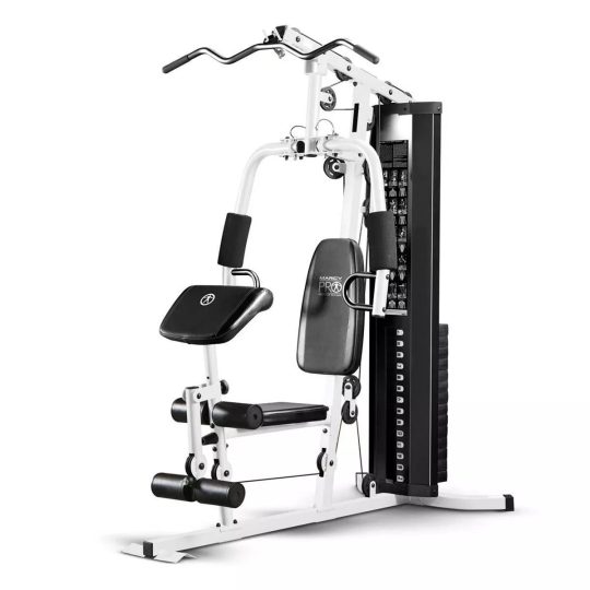 150-Lb. Weight Stack Home Gym with Dual-Function Arm Press and Leg Developer, Black/White
