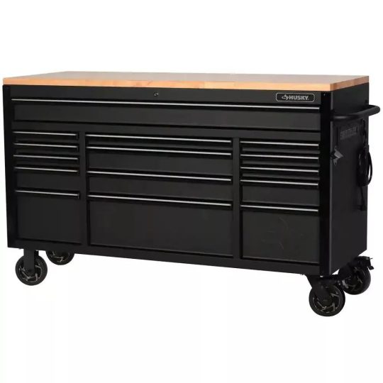 61-Inch W x 23-Inch D 15-Drawer Mobile Workbench with Solid Wood Top