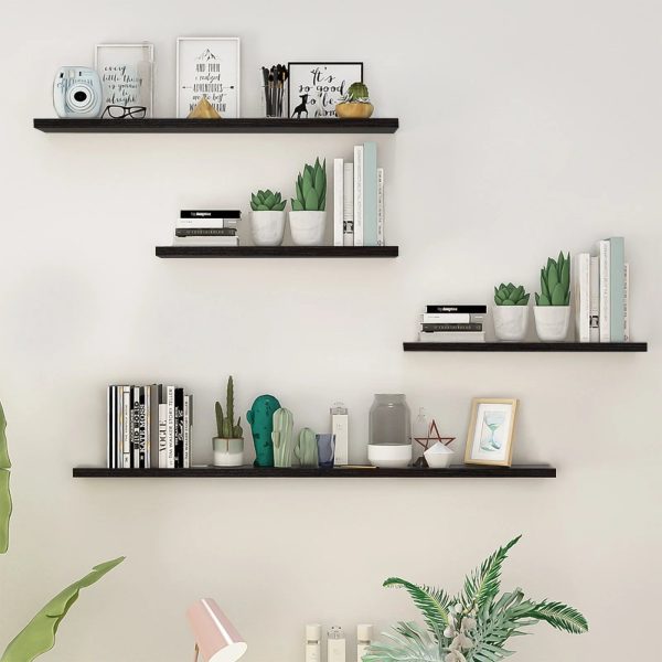 4-Piece Wood Floating Wall Shelves, White and Black Storage Shelf Set for Home Decor
