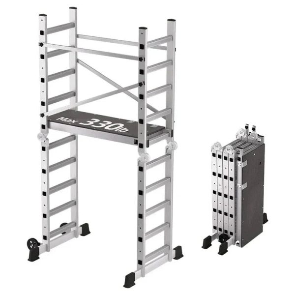 Foldable Multipurpose Scaffolding Ladder and Rolling Work Platform, Adjustable, 330-Lb. Capacity