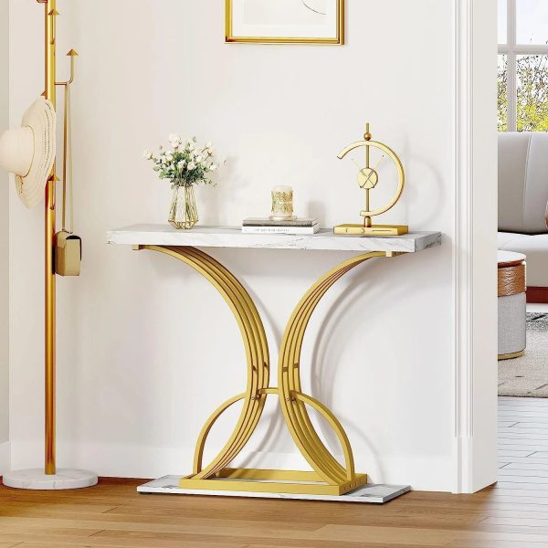 Modern Gold Console Table with Marbled Top, Sofa Table for Entryway and Hallway