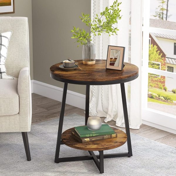 Industrial Round End Table, Small Side Table and Accent Coffee Table for Living Room and Bedroom