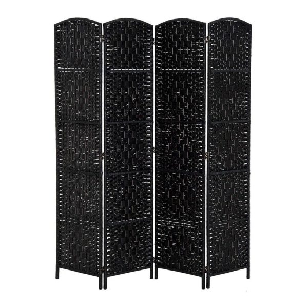 6 Ft Tall Four-Panel Wicker Weave Room Divider, Black Wood Privacy Screen