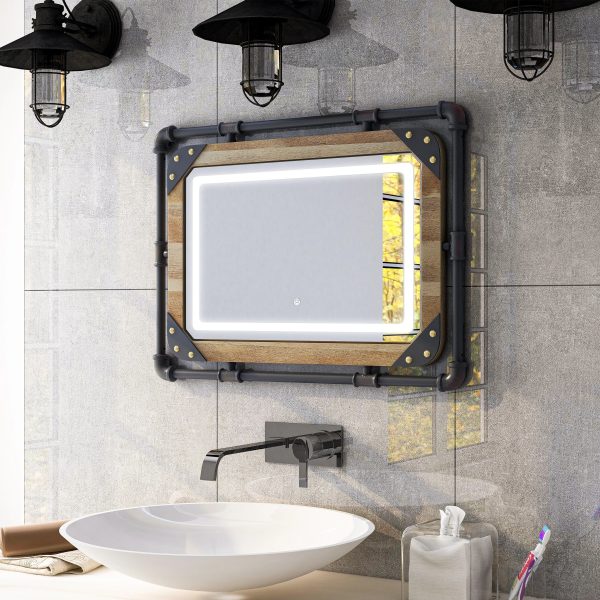 Industrial Metal Wall Mirror with LED Lights, Modern Decorative Mirror for Home
