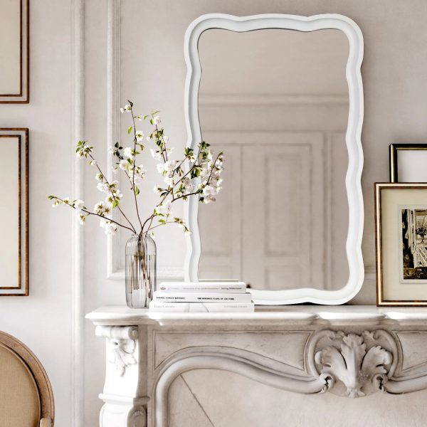 Curved Scallop Wood Frame Accent Mirror, Modern Decorative Wall Mirror for Living Room, Bedroom and Entryway