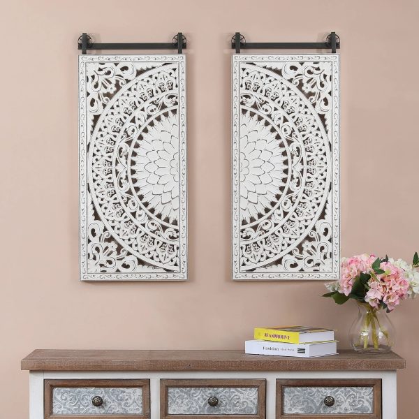 Set of 2 Distressed Ivory White Wood Flower Wall Art with Black Accents